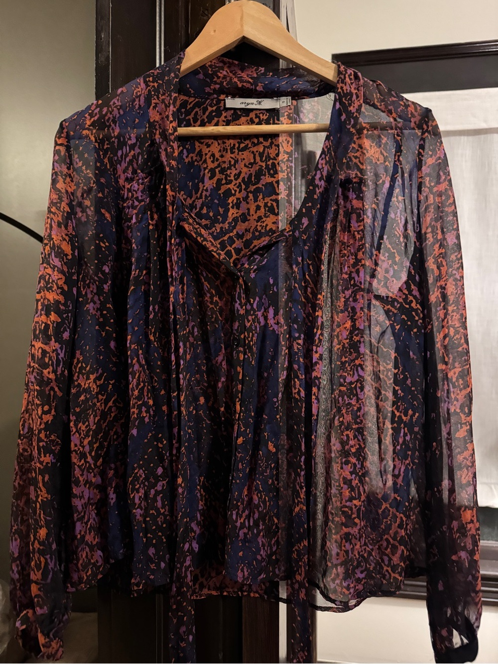 Aryn K Sheer Printed Tie-Neck Blouse